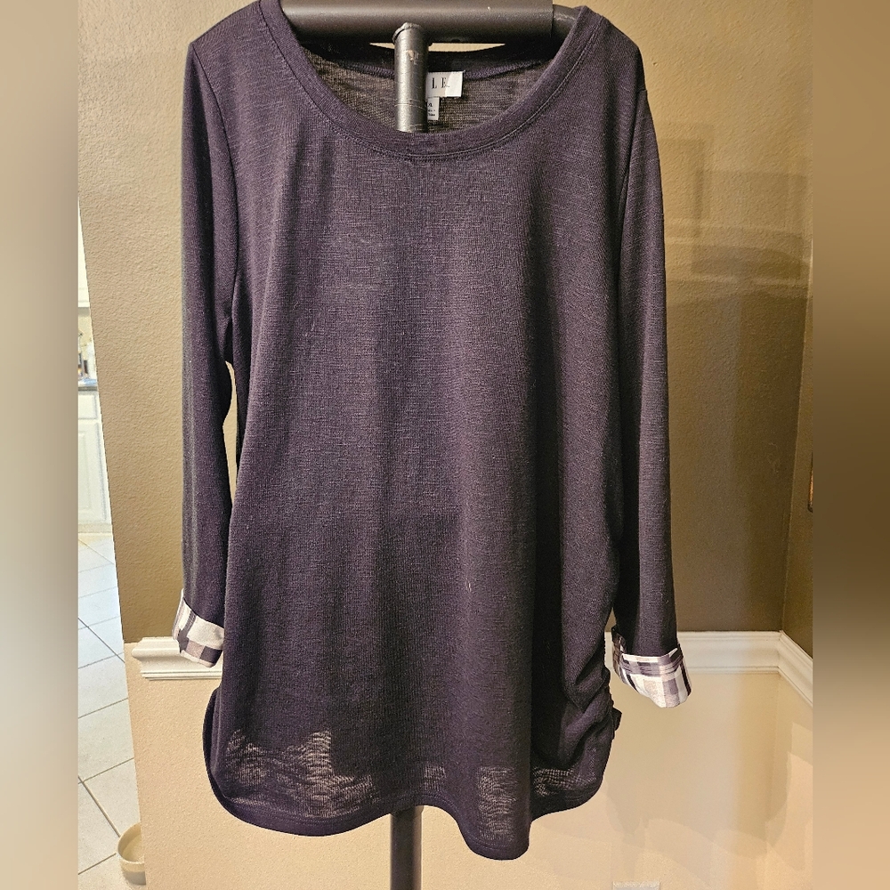 ELLE Women's Lightweight Sweater w Side Gathers & Plaid Cuffs sz XXL
